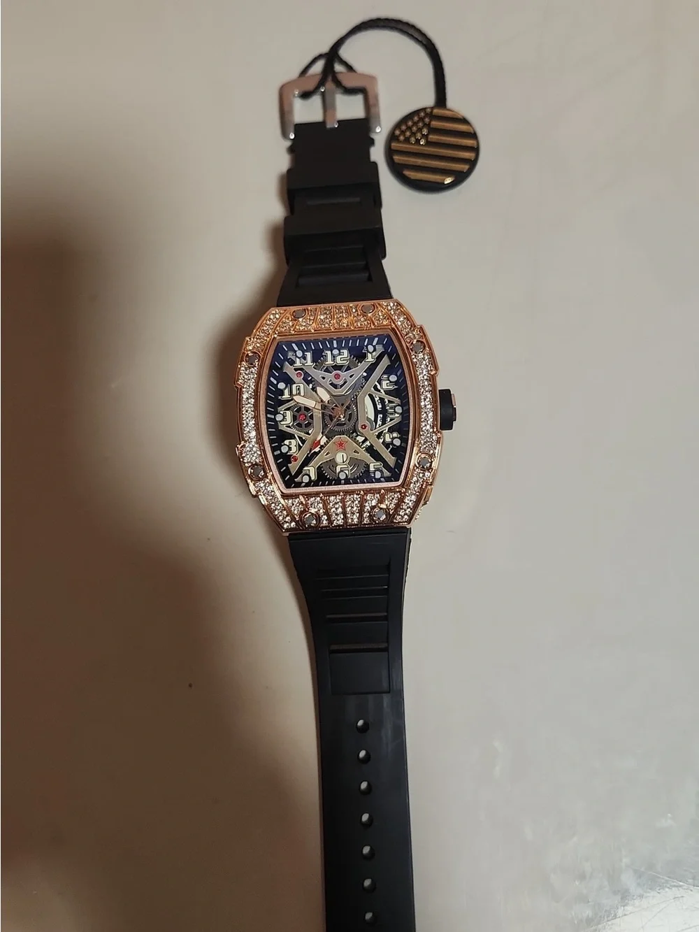 Rose Gold Tone Skeleton Men's Watch with Black Strap